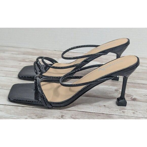 Viviany Womens Size 8 Black Leather Open Toe Slip On Slide Spool 3.5" Heels - Picture 4 of 9